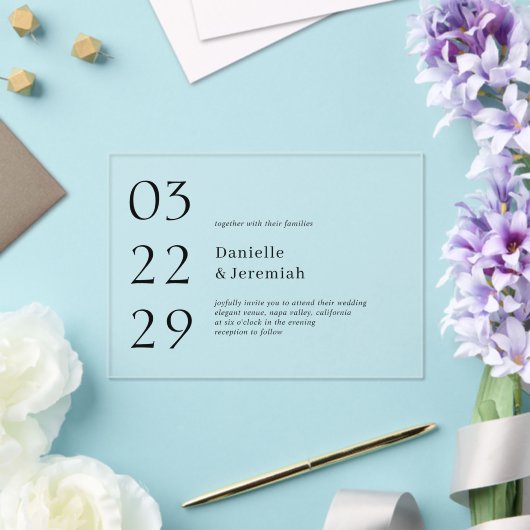 Vet Datum Schoon Minimaal Elegant Modern Bruiloft Acryl Uitnodigingen (Insitu (Huwelijk))