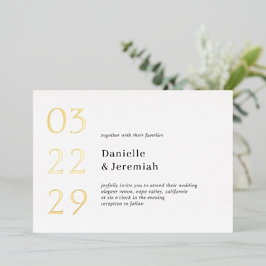 Vet Datum Schoon Minimaal Elegant Modern Bruiloft Folie Uitnodiging (Staand Voorkant)