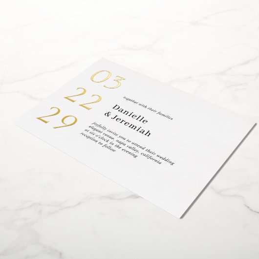 Vet Datum Schoon Minimaal Elegant Modern Bruiloft Folie Uitnodiging (Gedraaid)