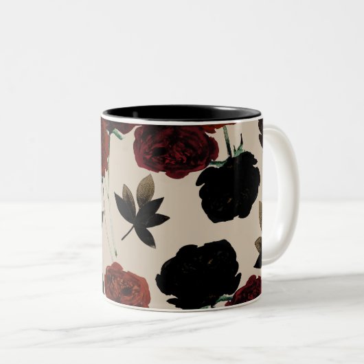 Vet Donker Bloemen Rood & Zwart Beige Botanisch Tweekleurige Koffiemok (Voorkant rechts)