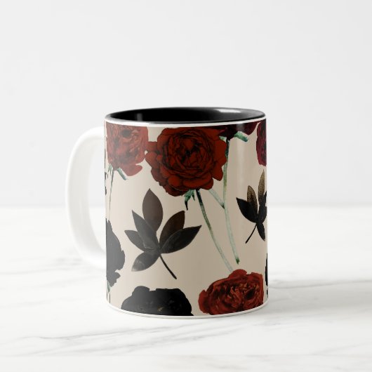 Vet Donker Bloemen Rood & Zwart Beige Botanisch Tweekleurige Koffiemok (Voorkant links)