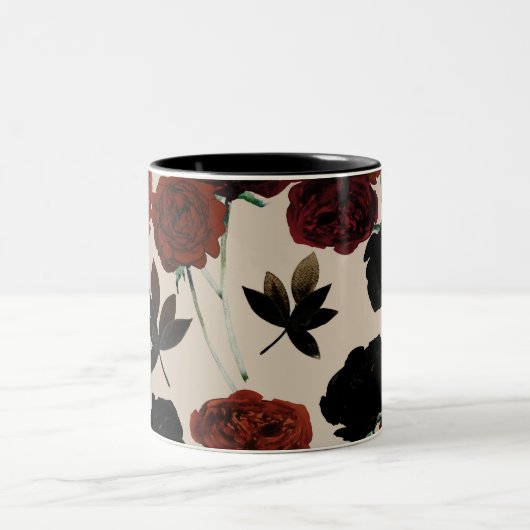 Vet Donker Bloemen Rood & Zwart Beige Botanisch Tweekleurige Koffiemok (Center)