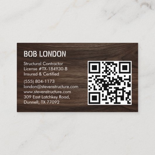 Vet Donker Hout Bouw QR Code Aannemer Visitekaartje (Achterkant)
