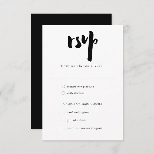Vet Edgy Modern Black Brush Script Wedding RSVP Kaartje (Voorkant / Achterkant)