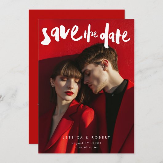 Vet Edgy Modern Brush Script Foto bruiloft Save The Date (Voorkant / Achterkant)