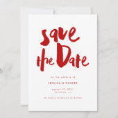 Vet Edgy Modern Red Brush Script Foto bruiloft Save The Date (Voorkant)
