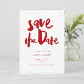 Vet Edgy Modern Red Brush Script Foto bruiloft Save The Date (Staand voorkant)