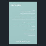Vet Eenvoudig Aqua Blue Eenvoudig Aangepast Trouwm<br><div class="desc">Zet de toon voor een elegante bruiloft dineren ervaring met deze stijlvolle bruiloft menukaart. Met een verfijnde zachte aqua blauwe achtergrond en schone witte typografie, benadrukt dit aanpasbare menu de namen en trouwdatum van het paar. Perfect voor recepties, repetitiediners of vrijgezellenfeesten, dit moderne en minimalistische ontwerp voegt een verfijnde touch...</div>