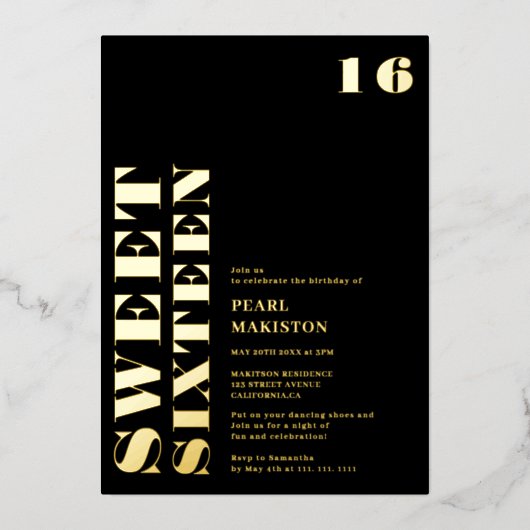 Vet eenvoudig goud zwart zoet 16 verjaardag folie uitnodiging (Voorkant)