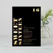 Vet eenvoudig goud zwart zoet 16 verjaardag folie uitnodiging (Staand Voorkant)