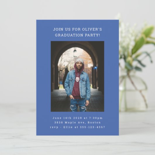 Vet Eenvoudig Modern Blauw Foto Afstudeerfeest Kaart (Staand voorkant)