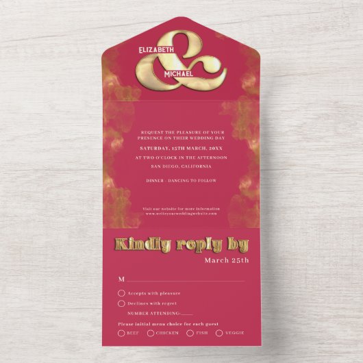 Vet elbruin goud en roze magenta RSVP bruiloft All In One Uitnodiging (Binnen)