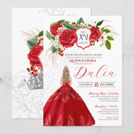 Vet Elegance Red Roses Floral Crest Quinceanera Kaart