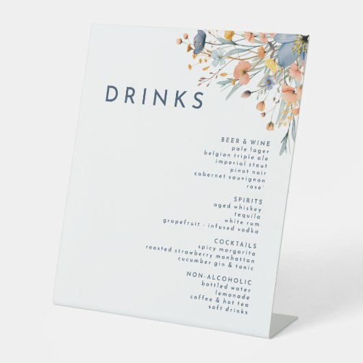 Vet Elegant Bloemen Bruiloft Drinken Menu Reclamebord Met Voetstuk (Voorkant)