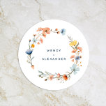 Vet Elegant Bloemen Bruiloft Ronde Kartonnen Onderzetter<br><div class="desc">Introductie van onze Bold Elegant Floral Wedding Round Paper Onderzetter Design, een moderne viering van de kunstzinnigheid van natuur, met kleurrijke bloemsierarrangementen in prachtige tinten van blauw, marineblauw en stoffig blauw, perzik en geel met zacht eucalyptusgroen prachtig geplaatst tegen een eenvoudig ongerept wit waterverf met minimalistische donkerblauwe typografie, waardoor een...</div>