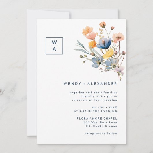 Vet Elegant Bloemen Monogram Crest Bruiloft Detail Kaart (Voorkant)
