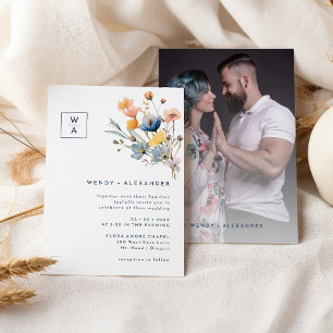 Vet Elegant Bloemen Monogram Crest Bruiloft Foto Kaart