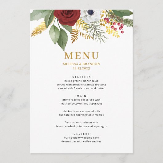 Vet Elegant Rood Goud Bloemen Monogram Bruiloft Menu (Voorkant)