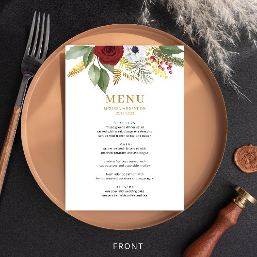 Vet Elegant Rood Goud Bloemen Monogram Bruiloft Menu
