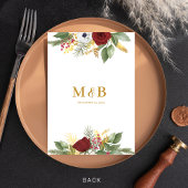 Vet Elegant Rood Goud Bloemen Monogram Bruiloft Menu