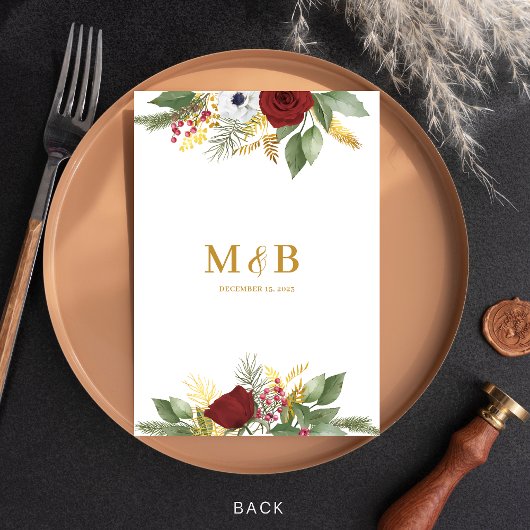 Vet Elegant Rood Goud Bloemen Monogram Bruiloft Menu
