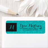 Vet Elegant Zwart En Turquoise Bloemen Damasks Etiket (Insitu)