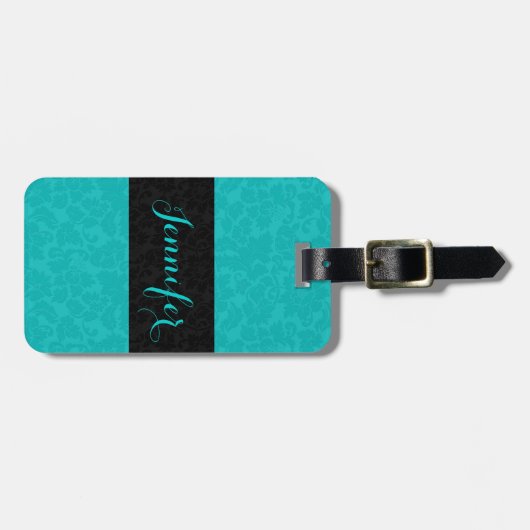 Vet Elegant Zwart & Turquoise Bloemen Damasks 2 Bagagelabel (Voorkant horizontaal)