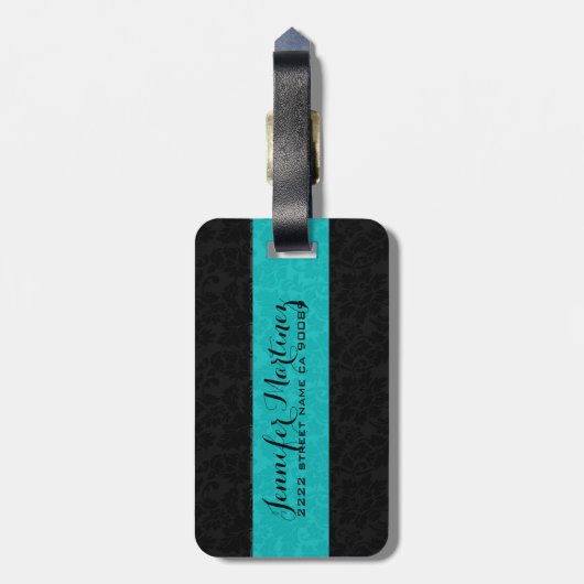 Vet Elegant Zwart & Turquoise Bloemen Damasks 2 Bagagelabel (Achterkant verticaal)