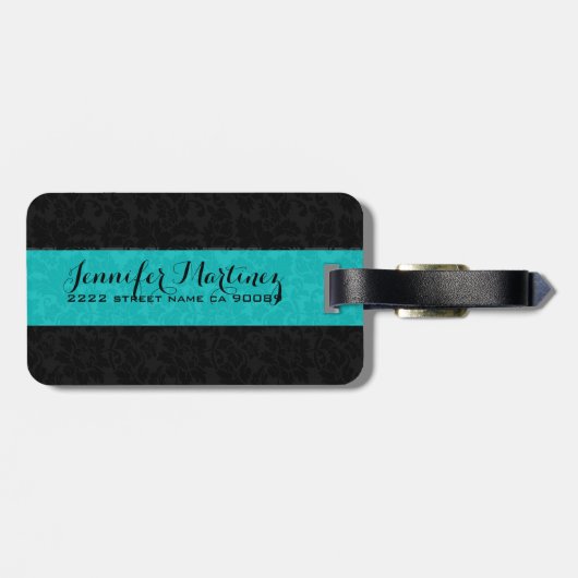 Vet Elegant Zwart & Turquoise Bloemen Damasks 2 Bagagelabel (Achterkant horizontaal)
