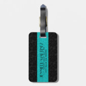 Vet Elegant Zwart & Turquoise Bloemen Damasks 3 Bagagelabel (Achterkant verticaal)