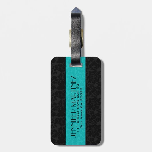 Vet Elegant Zwart & Turquoise Bloemen Damasks 3 Bagagelabel (Achterkant verticaal)