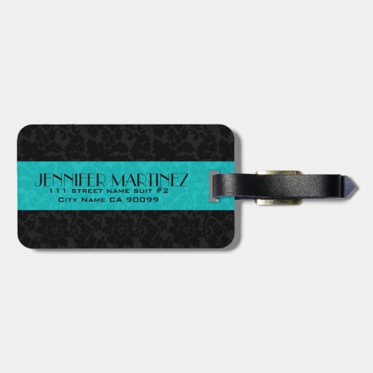 Vet Elegant Zwart & Turquoise Bloemen Damasks 3 Bagagelabel (Achterkant horizontaal)