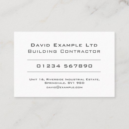 Vet en duidelijk ontwerp van algemene bouwcontract visitekaartje (Achterkant)