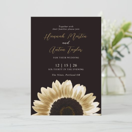 Vet en elegant Black Gold Sunflower Uitnodiging (Staand voorkant)