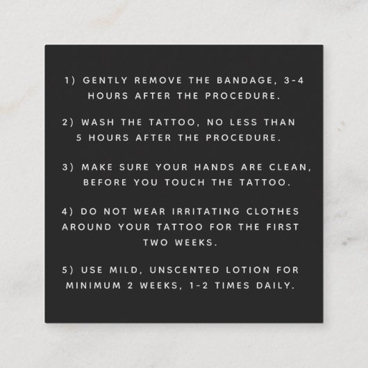 Vet en Gothic Tattoo nazorginstructies Minimale Vierkante Visitekaartje (Achterkant)