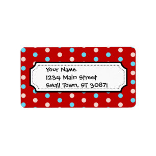 Vet en helder rood en blauw pokadots etiket
