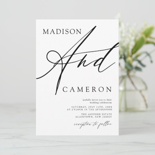 Vet "En" Kalligrafie Zwart-wit Bruiloft Kaart (Staand voorkant)