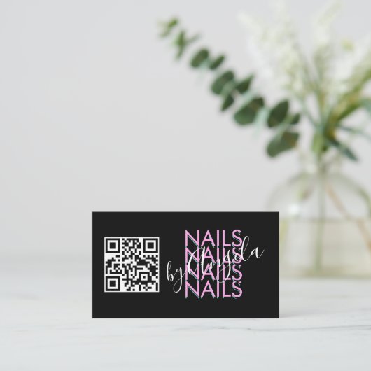 Vet Eyelashes Salon Nails QR code Roze zwart Visitekaartje (Staand voorkant)