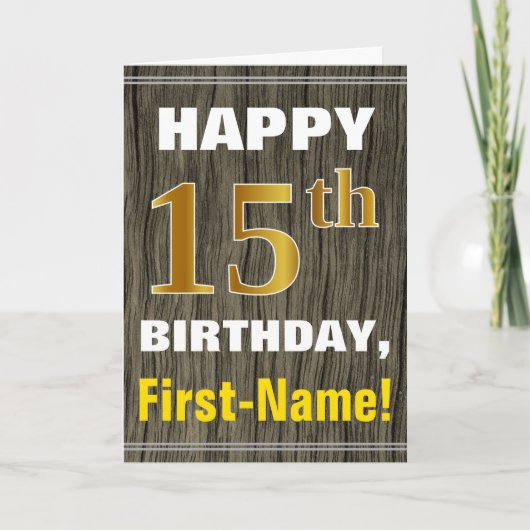 Vet, Faux Wood, Faux Gold 15th Birthday + Naam Kaart (Voorkant)