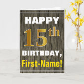 Vet, Faux Wood, Faux Gold 15th Birthday + Naam Kaart (Gele Bloem)