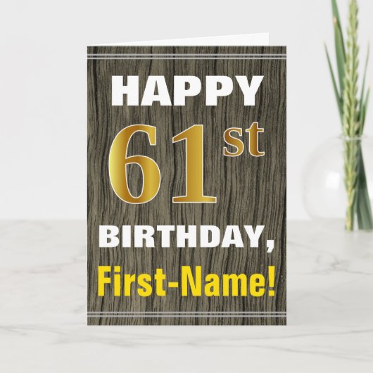 Vet, Faux Wood, Faux Gold 61st Birthday + Naam Kaart (Voorkant)