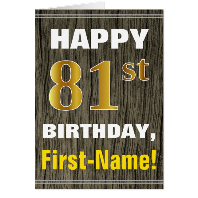 Vet, Faux Wood, Faux Gold 81st Birthday + Naam (Voorkant)