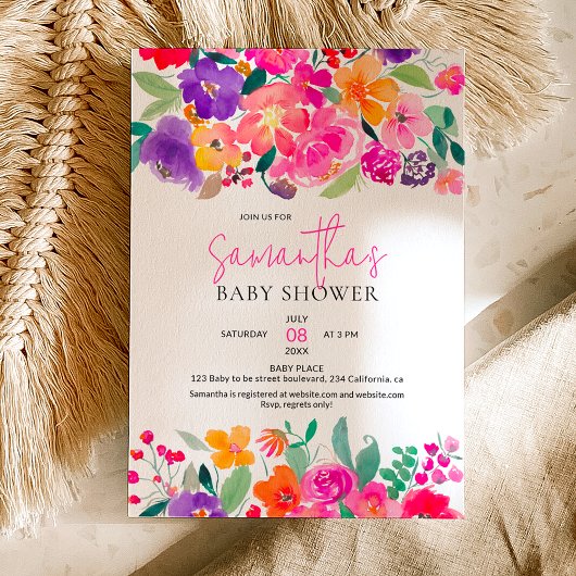Vet felroze floral waterverf baby shower kaart
