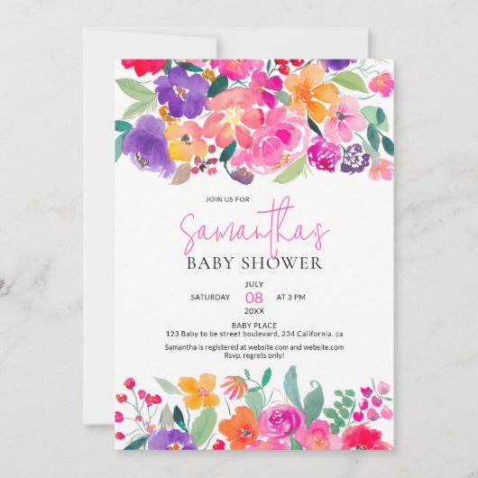 Vet felroze floral waterverf baby shower kaart (Voorkant)