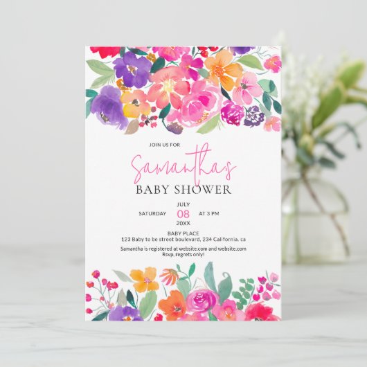 Vet felroze floral waterverf baby shower kaart (Staand voorkant)