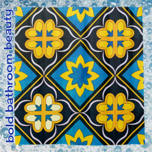 Vet Floral Blue Black Golden Yellow Tegel Pattern Douchegordijn