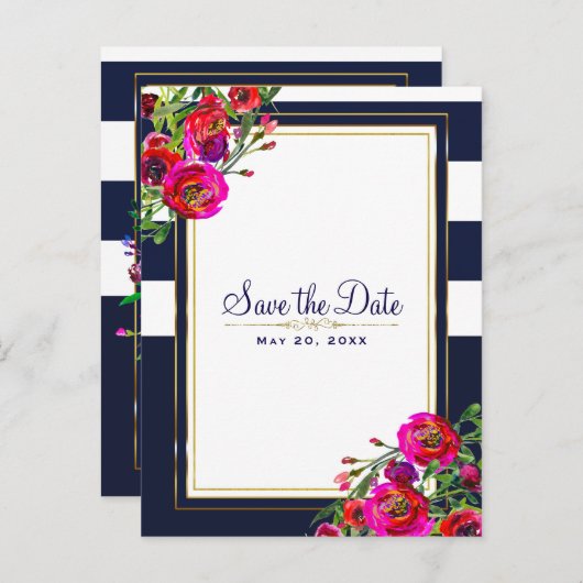 Vet Floral Blue en Gold Elegant Sla de datum op Aankondigingskaart (Voorkant / Achterkant)