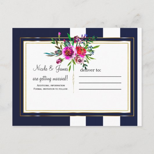 Vet Floral Blue en Gold Elegant Sla de datum op Aankondigingskaart (Achterkant)