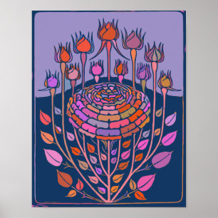 Vet Floral Illustratie in Paarse en blauw Poster