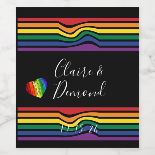 Vet gebogen regenboogstrips met hart wijn etiket (Enkel label)